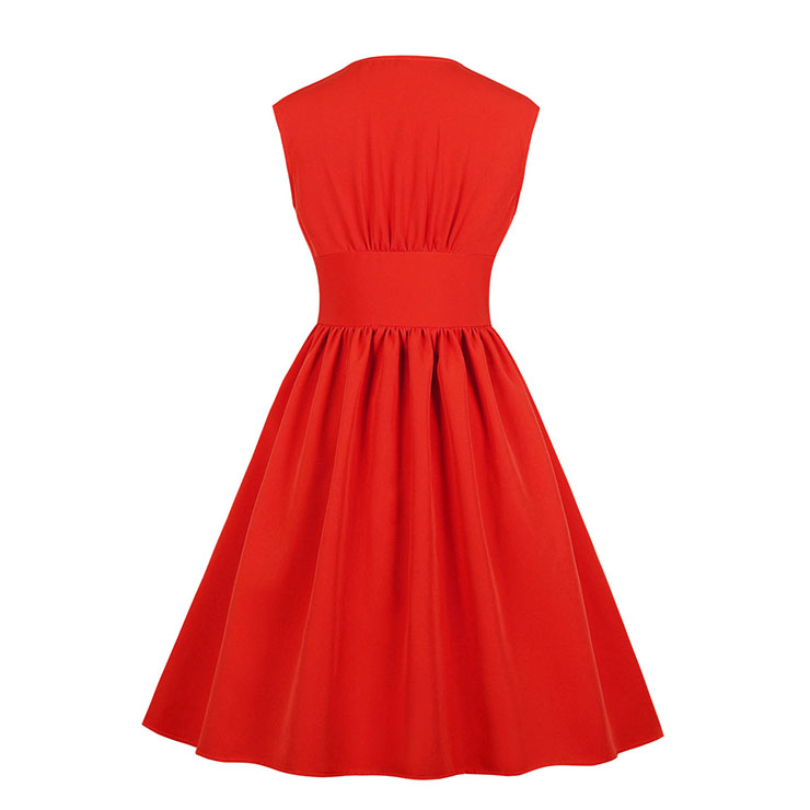 Plus Size Vintage V Neck Front Button Sleeveless High Waist Cocktail Party Swing Dress N20765