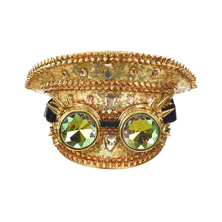 Punk Golden Sequin Rhinestone Rivet Kaleidoscope Glasses Goggles Masquerade Top Hat J20840