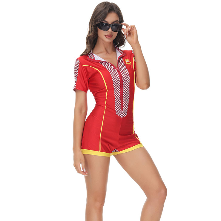 Sexy Checkered Print Bodysuit One-piece Hot Racer Girl Cosplay Costume N22021