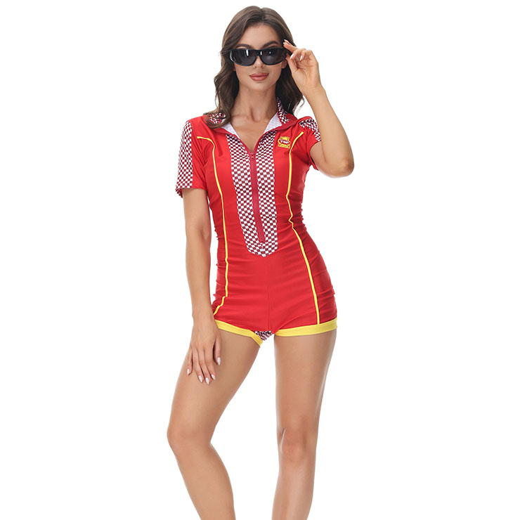 Sexy Checkered Print Bodysuit One-piece Hot Racer Girl Cosplay Costume N22021