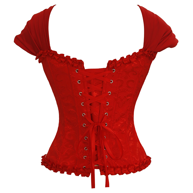 Red Lace-Up Dance Bustier Corset with Ruffle Shoulder Straps and Scalloped Hem N23801