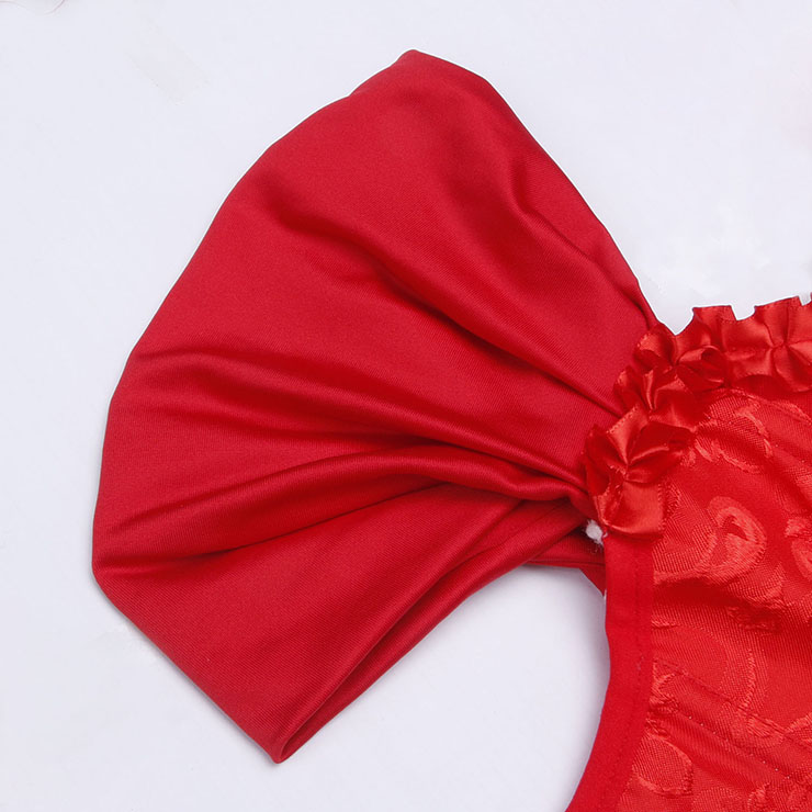 Red Lace-Up Dance Bustier Corset with Ruffle Shoulder Straps and Scalloped Hem N23801