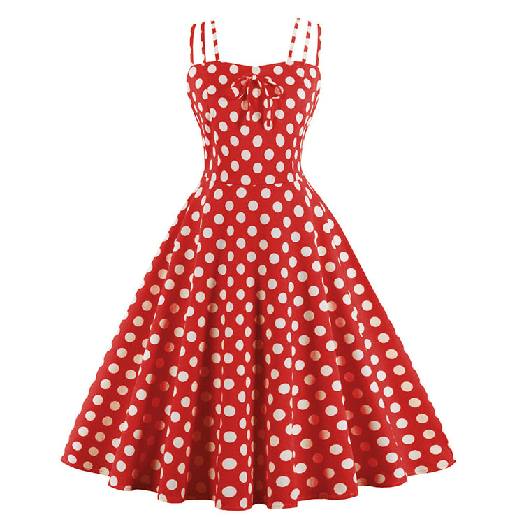 Sexy Red Vintage Strappy Polka Dot Printed Swing Summer Day Dress N22986