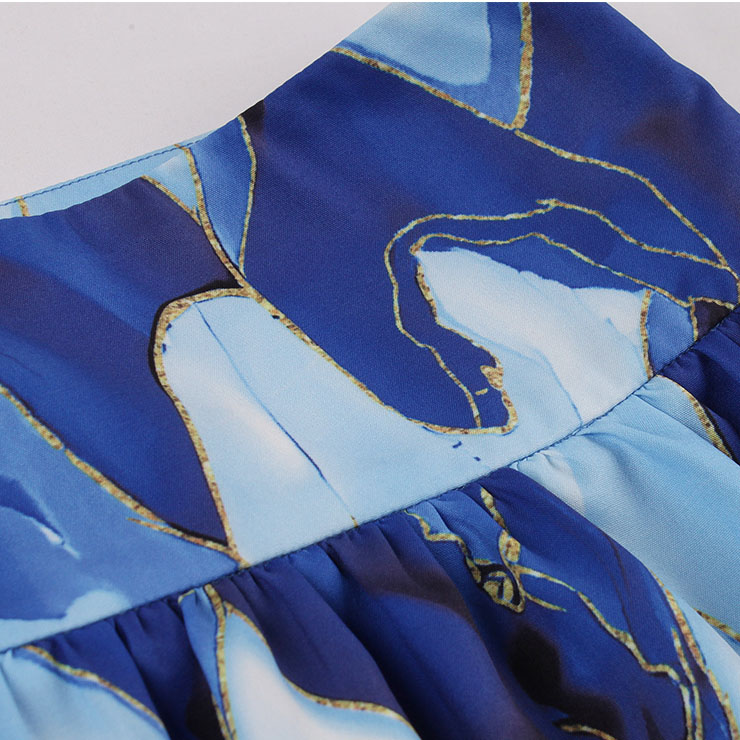 Retro Multi Blue High Waisted  A-line Ruffle Hem Skirt N22841