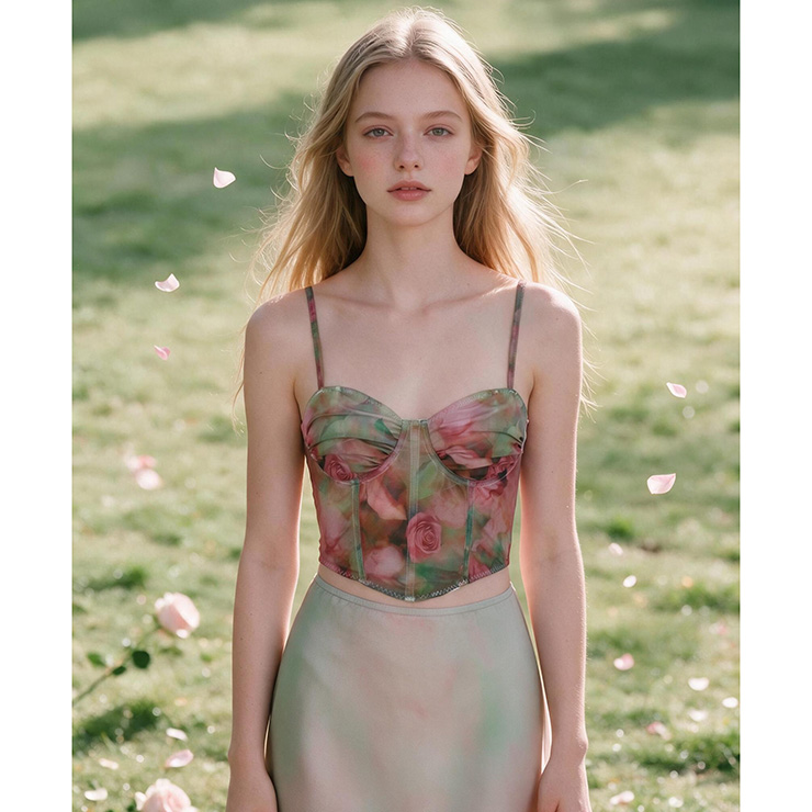 Women's Rose Print Corset, Floral Crop Bustier, Spaghetti Strap Top, Rose Floral Print, Adjustable Straps, Sweetheart Neckline, Crop Corset Top, Structured Boning, Garden Party Style, High Waist Match, Lightweight Fabric, Summer Outfit, Vacation Wear, Romantic Style, Women's Fashion#N23987