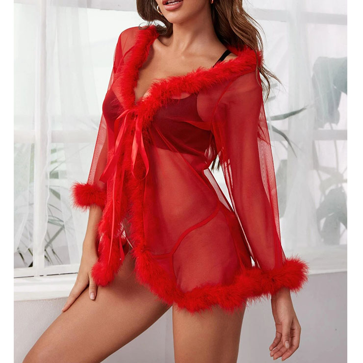 Sexy See-through Mesh and Fur Trim Long Sleeve Open Robe Babydoll Nightgown Bathrobe N22270