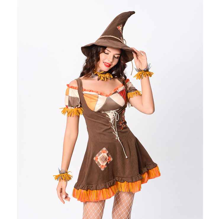Sexy Magic Witch Off-the-shoulder Lace-up Mini Dress Adult Cosplay Costume With Hat N20166