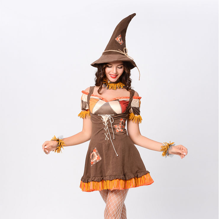Sexy Magic Witch Off-the-shoulder Lace-up Mini Dress Adult Cosplay Costume With Hat N20166