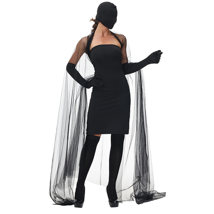 5pcs Sexy All Black Tube Dress with Cape Mystery Gala Guest Fancy Ball Cosplay Costume N22033