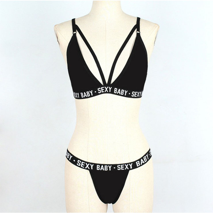 Sexy Black Deep V Hollow Out Stretch Letters Three-point Underwear Bikini Beach Swimsuit N21318
