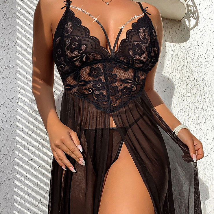 Sexy Black Lace and Mesh Spaghetti Straps Babydoll Waist Open Fork Nightwear Chemise N22892
