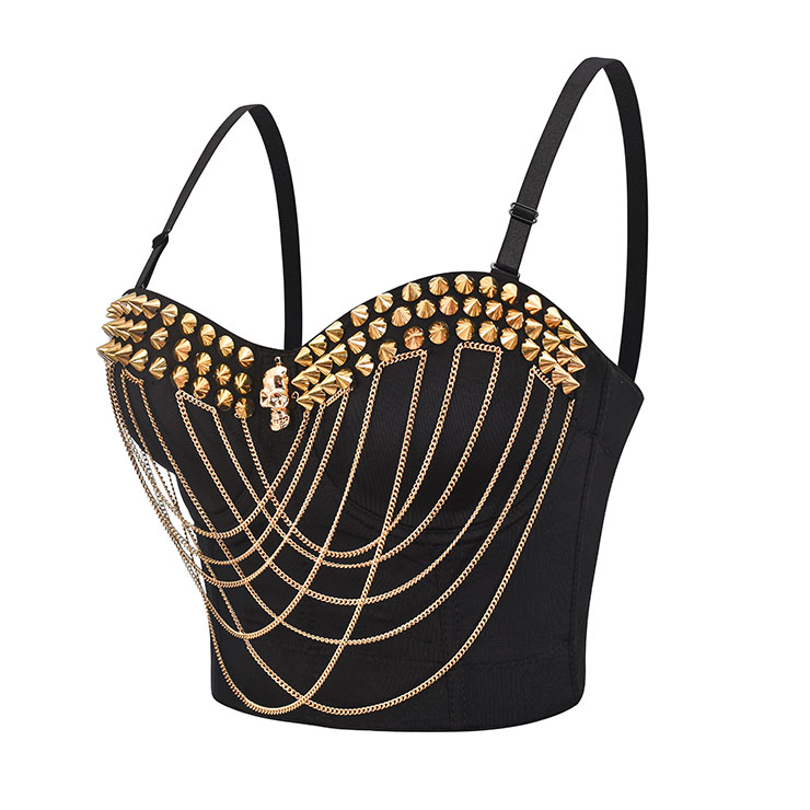 Sexy Black Spaghetti Straps Golden Rivet Bustier Bra Corset Clubwear Crop Top N22630
