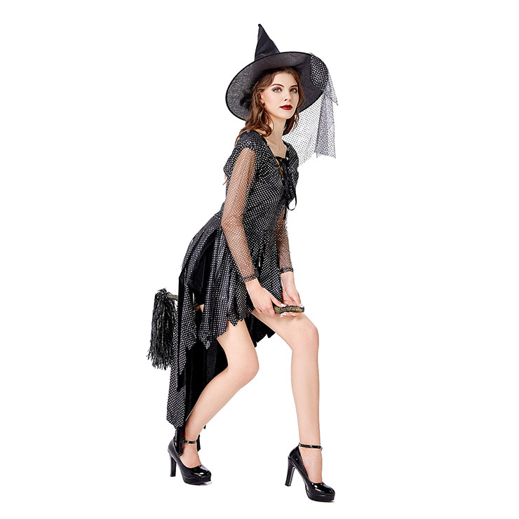 Sexy Gothic Black Witch Mini High-low Dress Adult Halloween Cosplay Costume With Hat N20740
