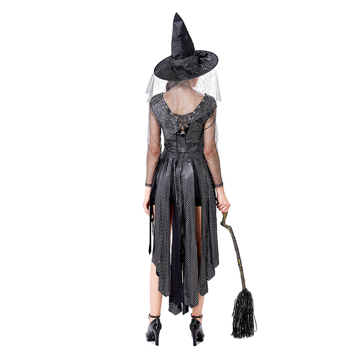 Sexy Gothic Black Witch Mini High-low Dress Adult Halloween Cosplay Costume With Hat N20740