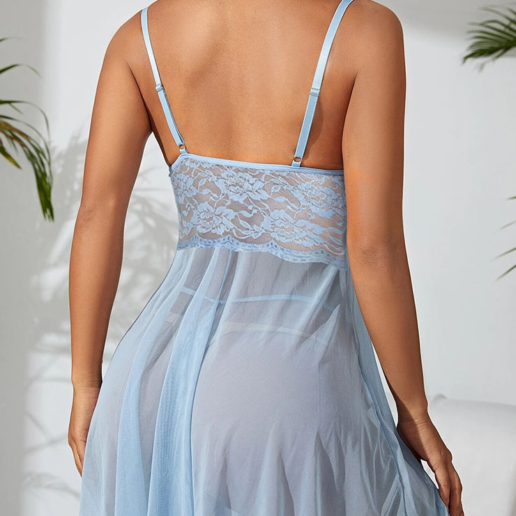 Sexy Blue Lace Low-bra Adjustable Spaghetti Straps Soft Babydoll Sleepwear Lingerie N23393