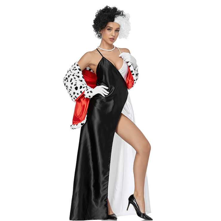 4pcs Sexy Black And White Dalmatians Split Fork Sling Dress Cosplay Halloween Costume N21268