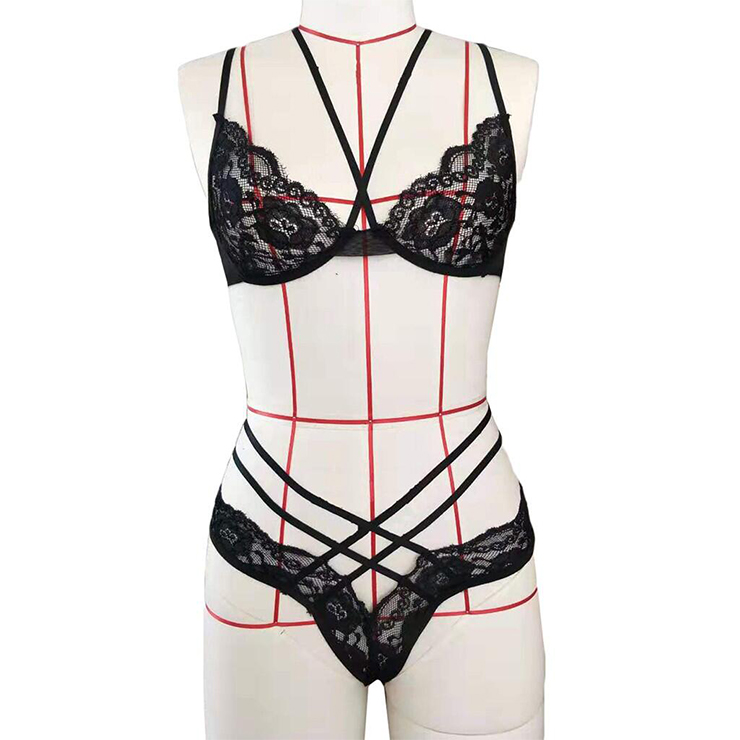 Sexy Strappy Bandage See-through Lace Bra and Thong Bikini Lingerie Set N20094