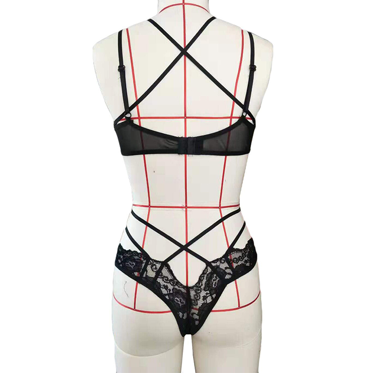 Sexy Strappy Bandage See-through Lace Bra and Thong Bikini Lingerie Set N20094