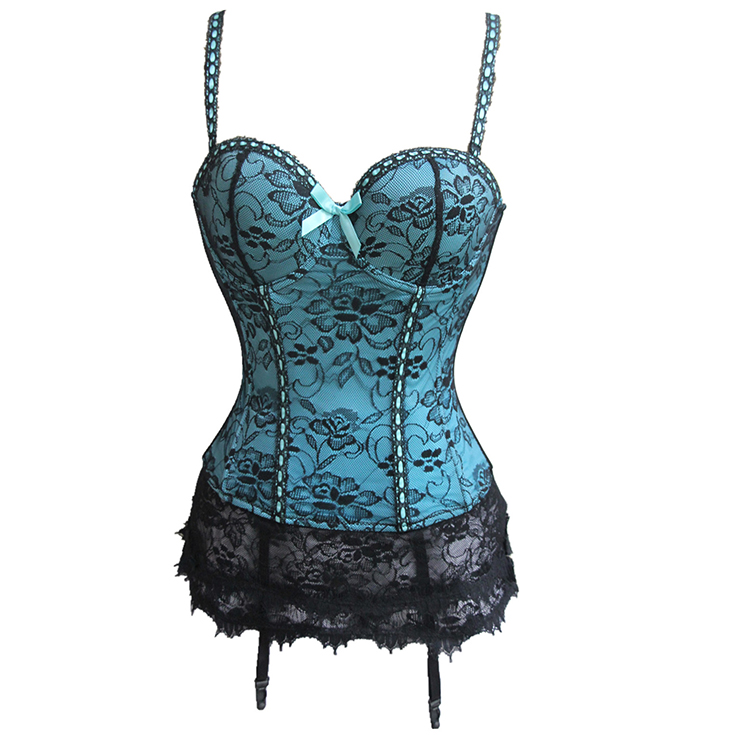 Charming Brocade Floral Lace Hemline Spaghetti Straps Stretchy Chemise Bustier Corset N19454