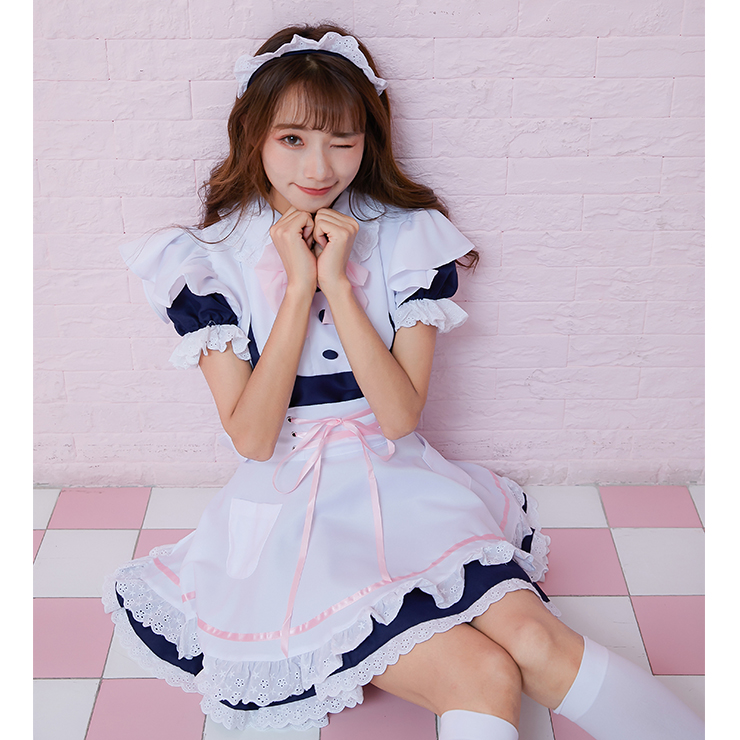 4pcs Adorable French Maid Ruffle Apron Mini Dress Anime Cosplay Fancy Costume N19466