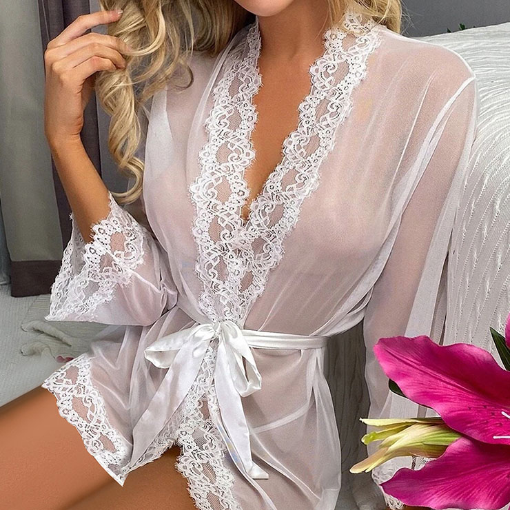 Sexy White Floral Lace Mesh See-through Lace-up Pyjamsa Mini Dress Lingerie N22722