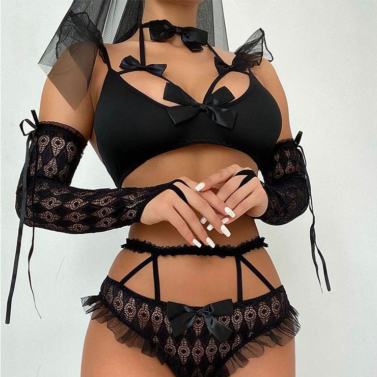 Sexy Spaghetti Straps Black Backless Lace Bowknot Bra and Thong Lingerie Set N22965
