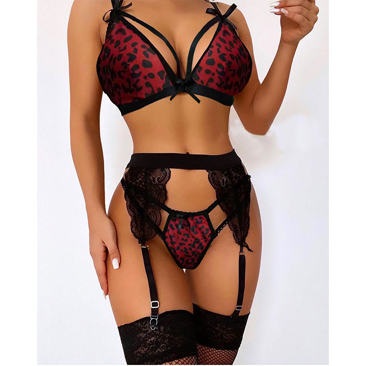 Sexy Leopard Print Strappy Bra and Panties Spaghetti Straps Underwear Lingerie with Garters N21595