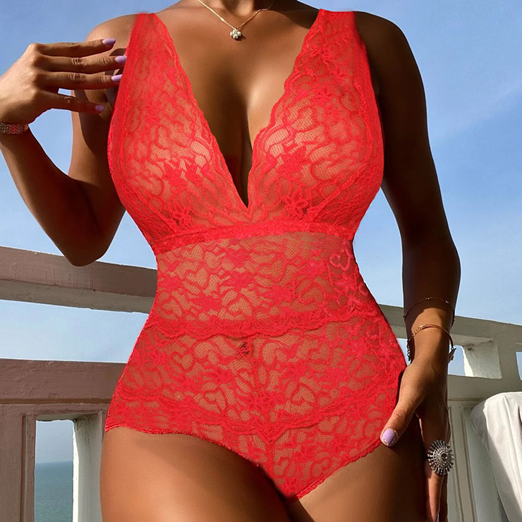 Sexy Red Plunging Neckline See-through Lace  Cut-out Bodysuit Teddies Lingerie N22896