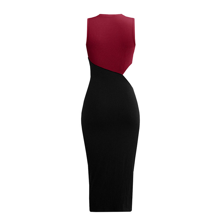 Vintage Mockneck Sleeveless Patchwork Cut-out Sexy Elastic Knitted Bodycon Wrap Dress N21653