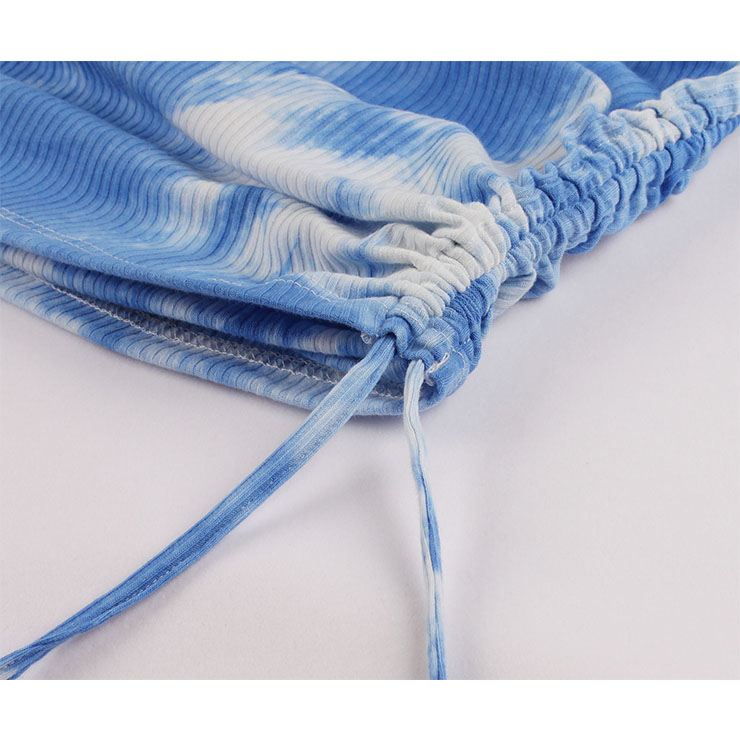 Sexy Tie-dye Print Round Neck Long Sleeve Drawstring Folds Package Hip Mini Dress N20789