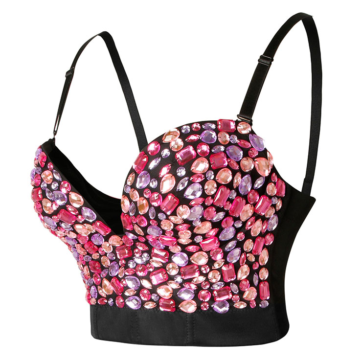 Sexy Pink Sweets Studded Gem Spaghetti Straps Bustier Bra Clubwear Crop Top N22378