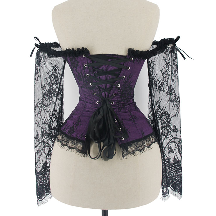 Women's Sexy Gothic Plastic Boned Off-shoulder Overbust Corset with Long Floral Lace Sleeve N21839
