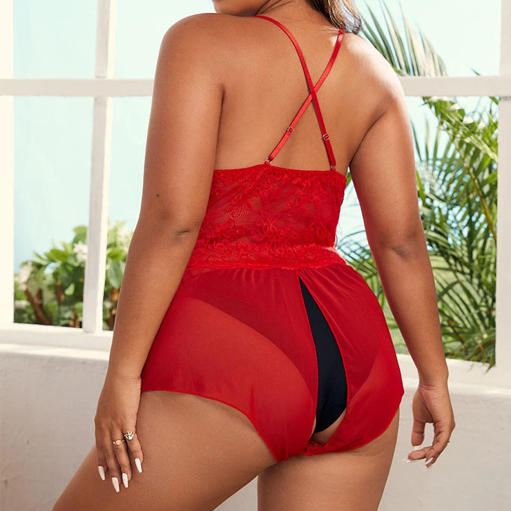 Plus Size Red Sexy See-through Floral Lace Low-bra Bodysuit Teddies Lingerie N22937