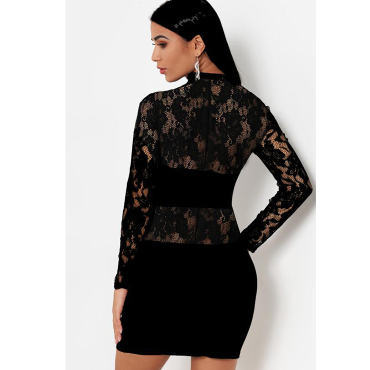 Sexy See-through Floral Lace High-necked Long Sleeve Clubwear Mini Bodycon Wrap Dress N19053