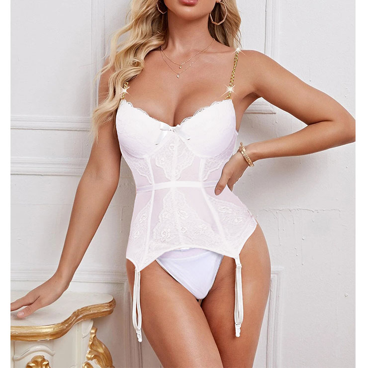 Charming Sheer Mesh Chain Straps Lace Trim Stretchy Chemise Bridal Bustier Lingerie N22158