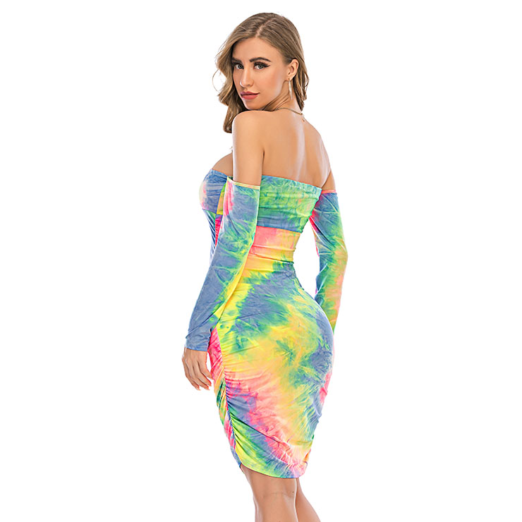 Sexy Multicolor Tie-dye Print Off The Shoulder Long Sleeve Package Hip Dress N20635