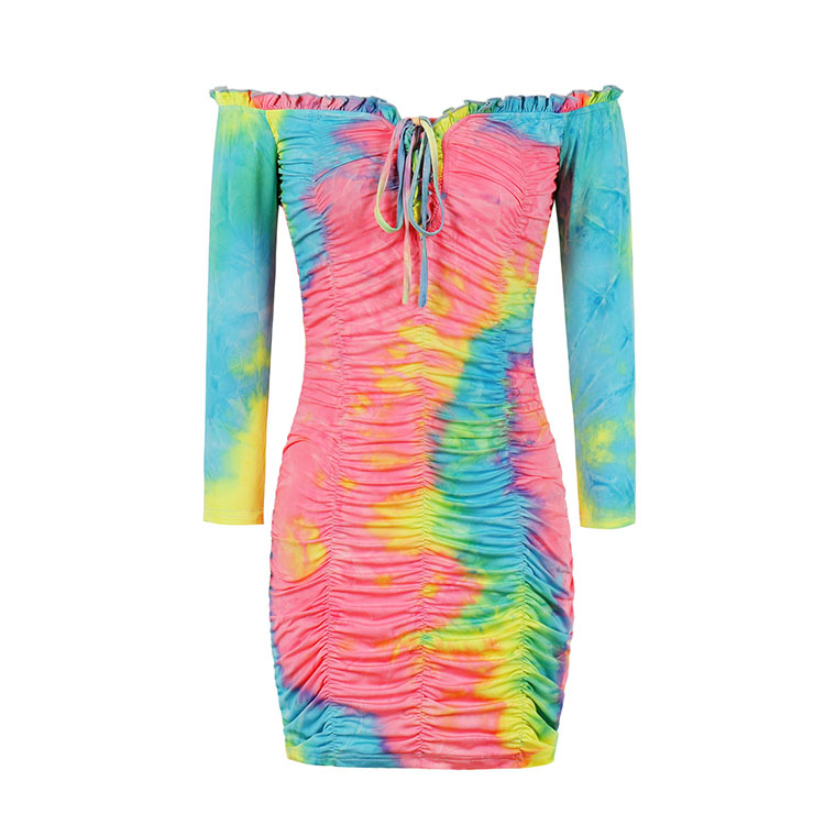 Sexy Tie-dye Print Off The Shoulder Long Sleeve Ruffle Pleated Package Hip Dress N20641