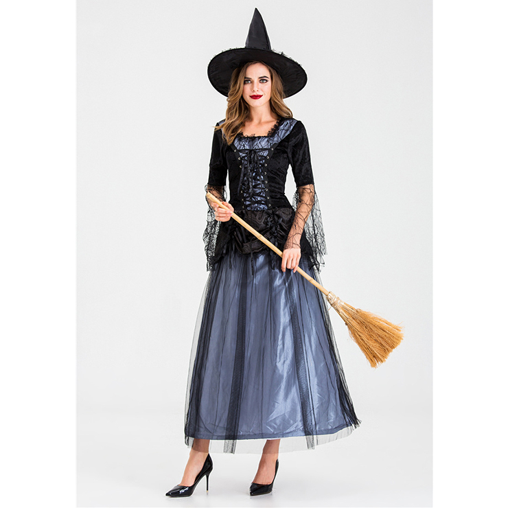 Sexy Gothic Witch Square Neck Lace-up Maxi Dress Adult Halloween Costume with Hat N19921
