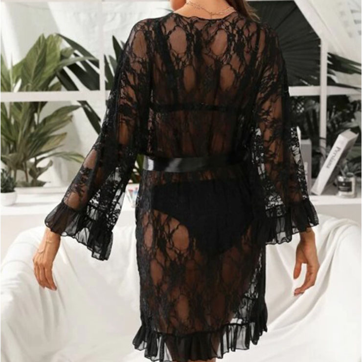 Sexy See-through Floral Lace Open Chest Thin Nightgown Bathrobe With Sash N20721