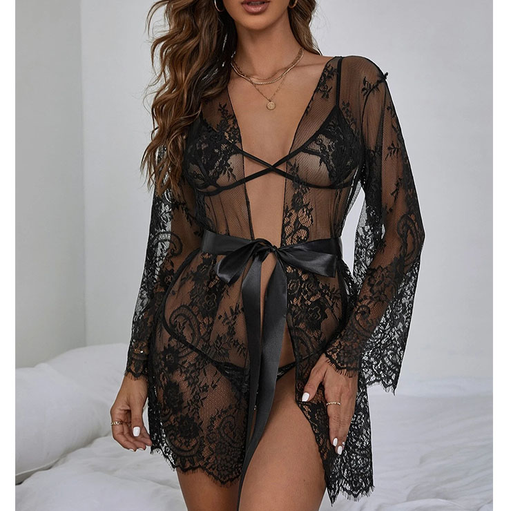 3ps Sexy See-through Floral Lace Thin Open Robe Nightgown Bathrobe with Sash N22173