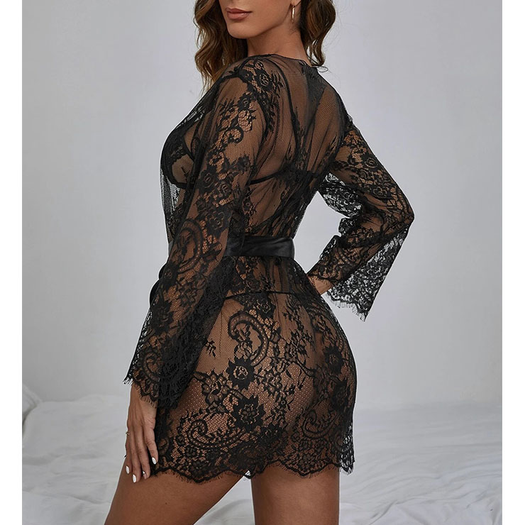 3ps Sexy See-through Floral Lace Thin Open Robe Nightgown Bathrobe with Sash N22173