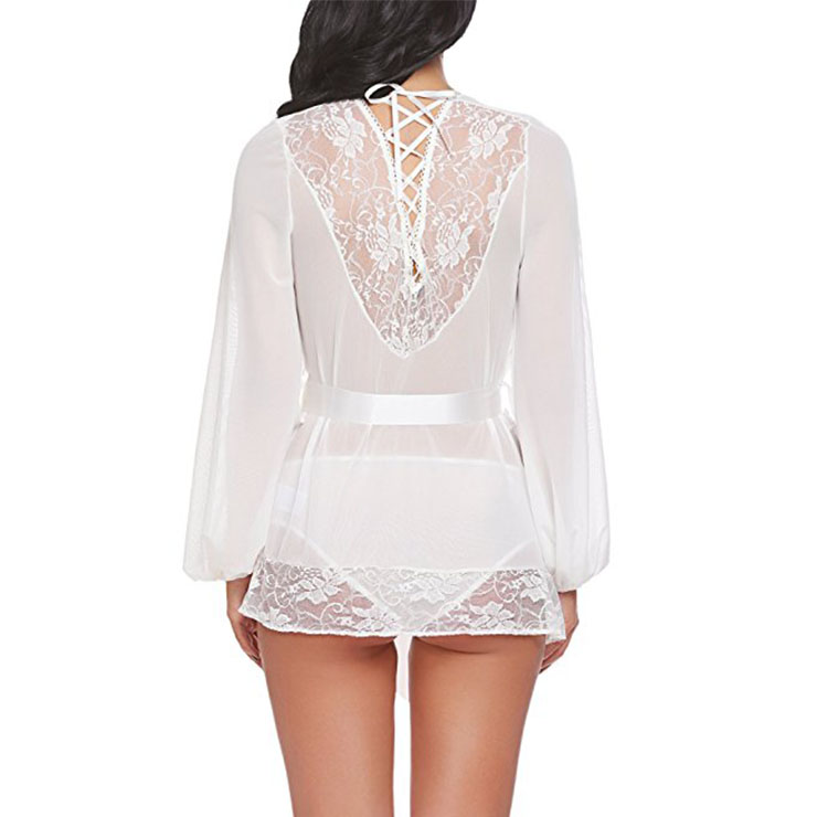 Sexy Sheer Mesh Lace-up Detail Lace Trim Self-tying Thin Nightgown Bathrobe with Sash N18925