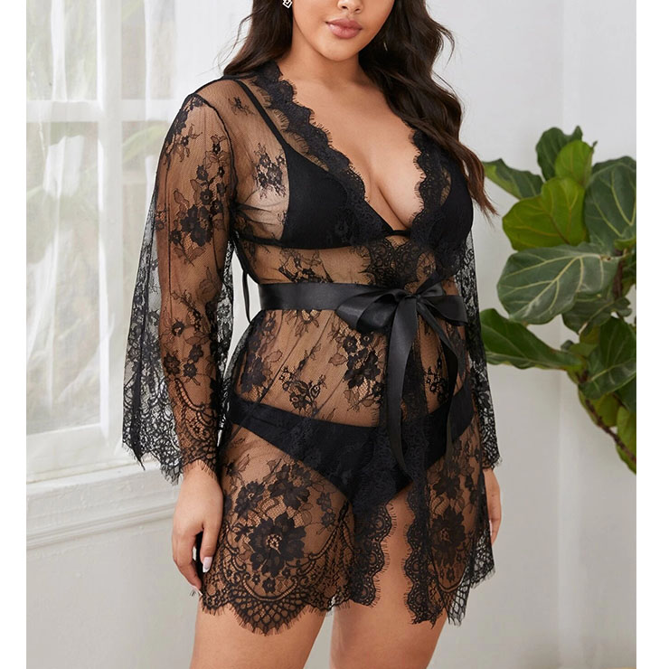 Plus Size Charming See-through Floral Lace Thin Open Robe Nightgown Bathrobe with Sash N21809