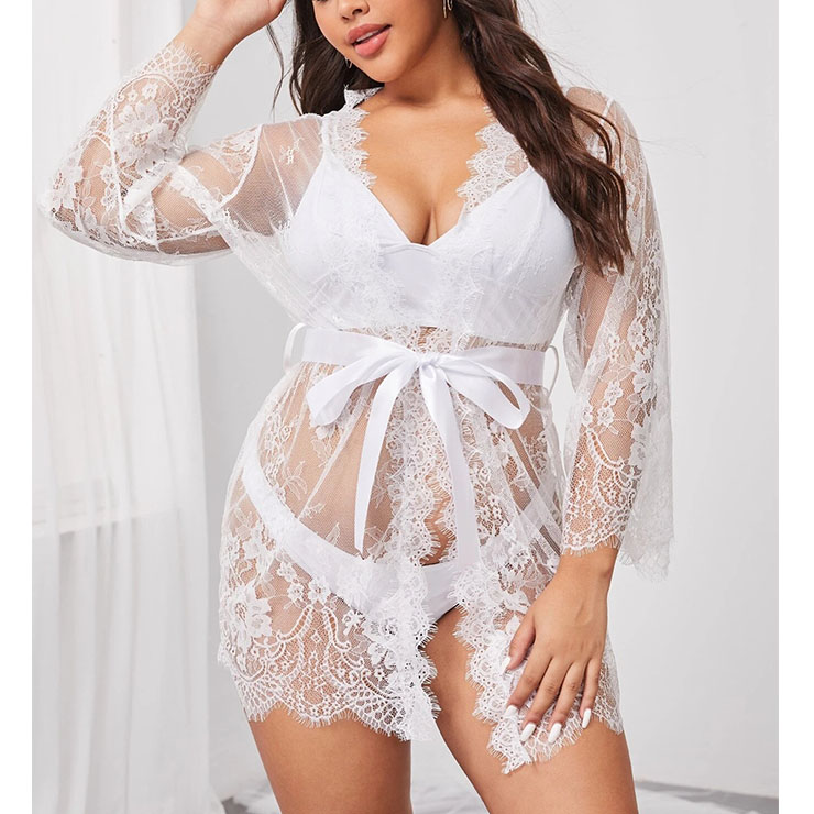 Plus Size Sexy See-through Floral Lace Thin Open Robe Nightgown Bathrobe with Sash N22216