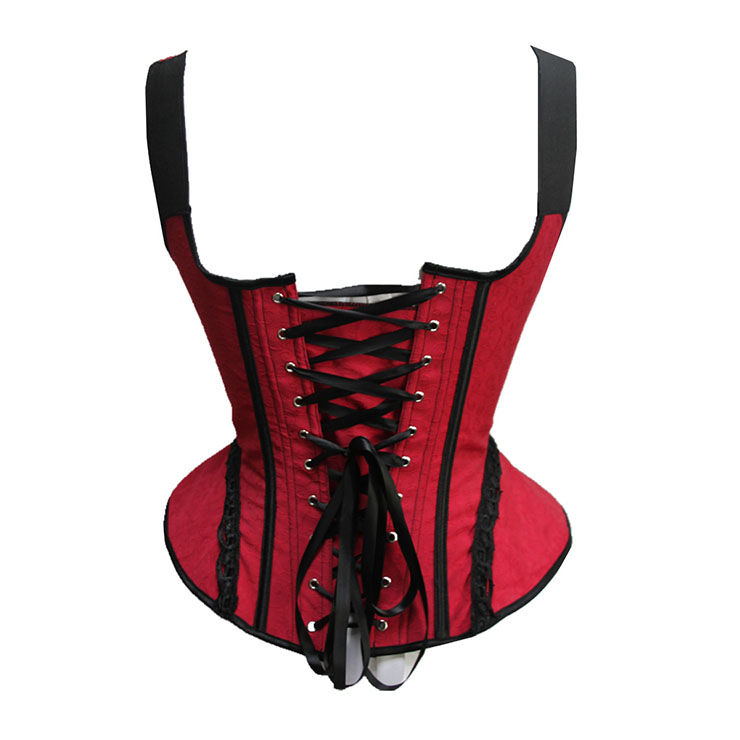 Victorian Gothic Red Wide Shoulder Straps Jacquard Plastic Bone Shapewear Overbust Corset N21547