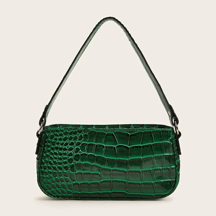 Women's Simplicity Dark-green Crocodile Pattern Shoulder Bag Zipper Underarm HandBag N20705