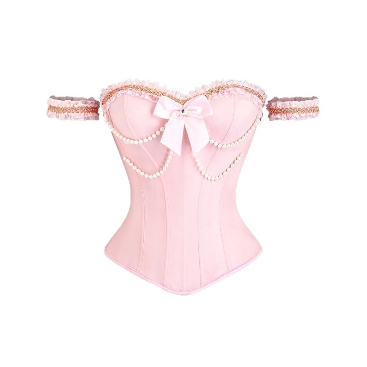 Strapless Vintage Corset in Pink with Back Lace-Up, Pearl & Bow Detail N23847