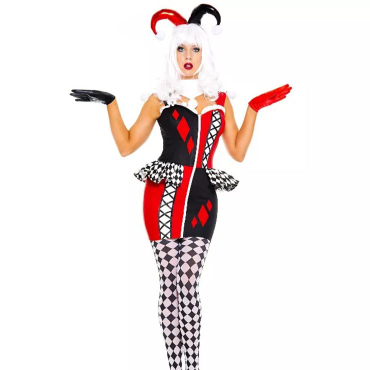 Sexy Supervillain Harley Joker Black and Red Clown Halloween Costume with Stockings N19555