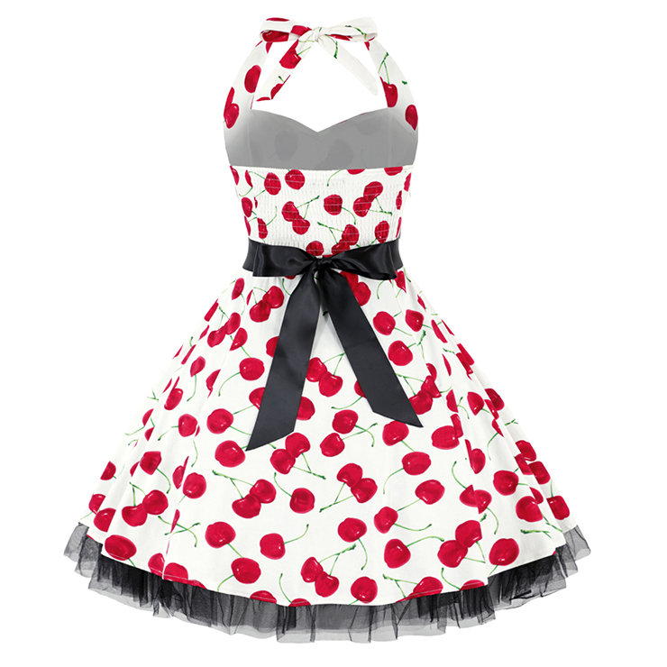 Vintage Sweetheart Neckline Halter Backless Cherry Print Casual Swing Knee-length Dress N14853
