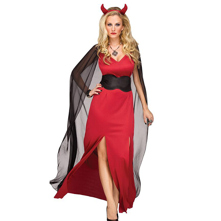 Noble Red Devil Long Slit Dress with Cloak Halloween Vampire Masquerade Costume N19112